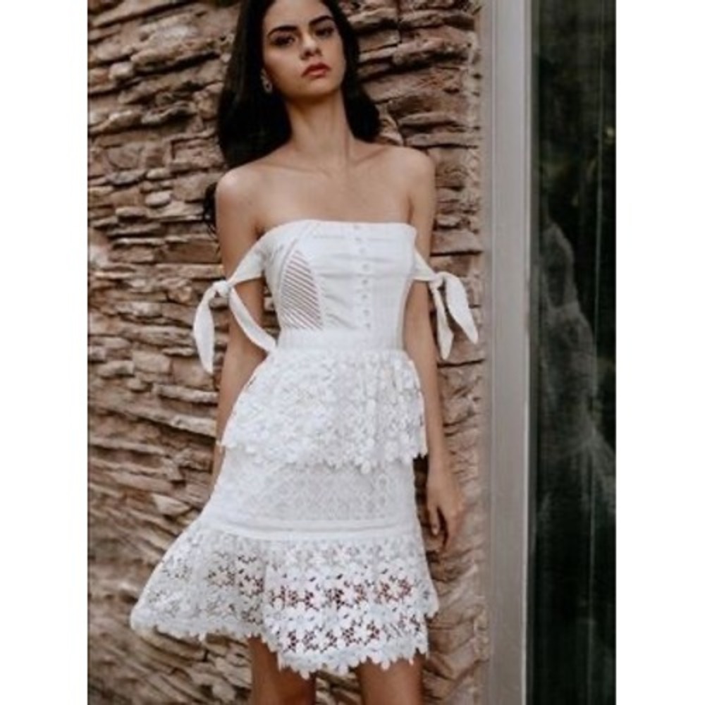 Self-Portrait White Guipere Lace Tiered Dress Tie Shoulder Peplum US 10